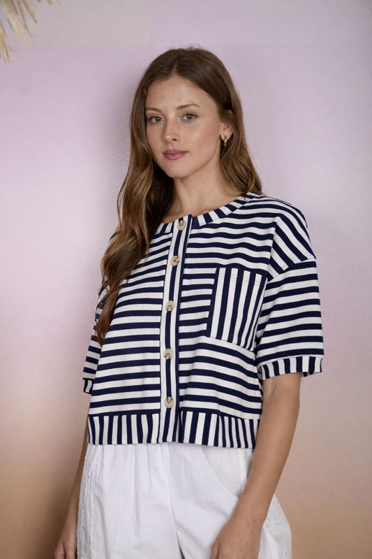 Ryder Stripe Pattern Short Sleeve Button Down Knit Top