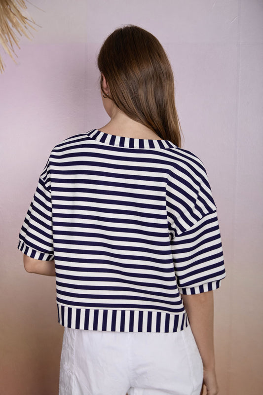 Ryder Stripe Pattern Short Sleeve Button Down Knit Top