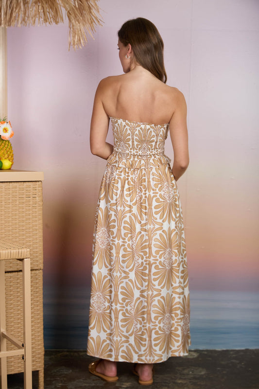 Denmark Demask Pattern Strapless Smocked Midi Sundress