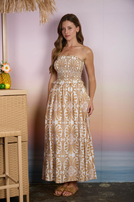 Denmark Demask Pattern Strapless Smocked Midi Sundress