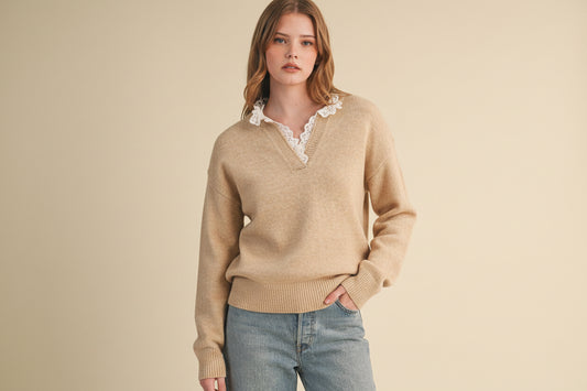 Mave Ruffle Scallop Lace Trim V Neck Sweater