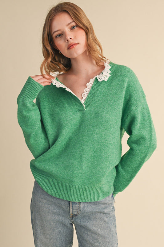Mave Ruffle Scallop Lace Trim V Neck Sweater