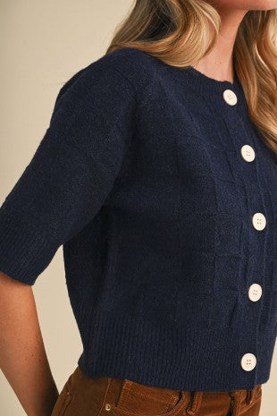 Basket Weave Knit Short Sleeve Sweater Cardigan