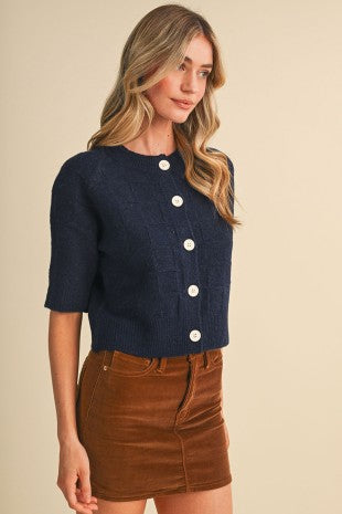 Basket Weave Knit Short Sleeve Sweater Cardigan