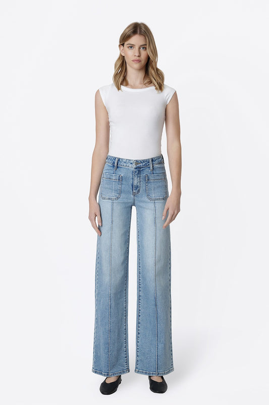 Smoother High Rise Patch Pocket Pintuck Wide Jeans