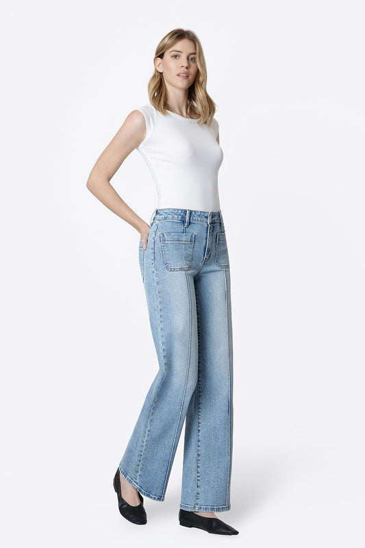 Smoother High Rise Patch Pocket Pintuck Wide Jeans
