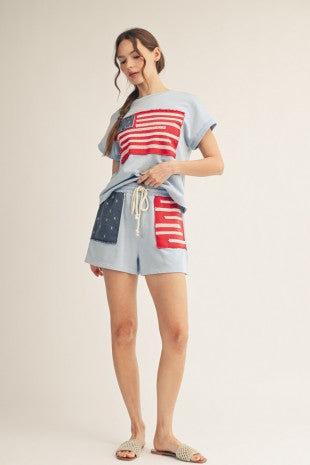 American Flag Top Patched Washed Casual Top