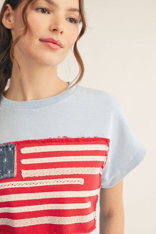 American Flag Top Patched Washed Casual Top
