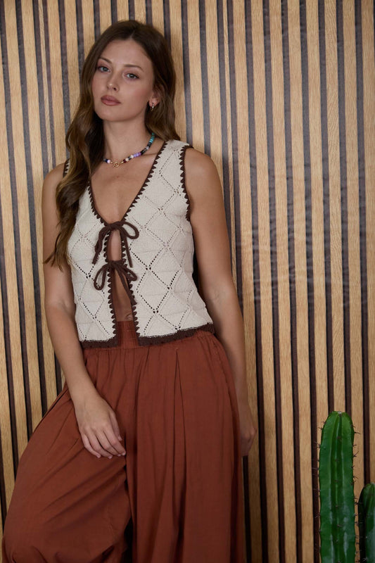 Johnny Contrast Stitch Crochet Knit Front Tie Vest