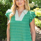 Destiny Stripe Collar Detailed Ruffle Sleeve Textured Knit Top