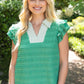 Destiny Stripe Collar Detailed Ruffle Sleeve Textured Knit Top