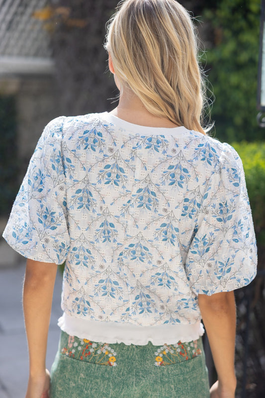 Henry Contrast Rib Band Embroidered Floral Print Top
