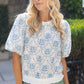 Henry Contrast Rib Band Embroidered Floral Print Top