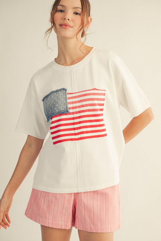 July American Flag Patched Casual Wash Top American Flag Patched Casual Wash Top  R7154