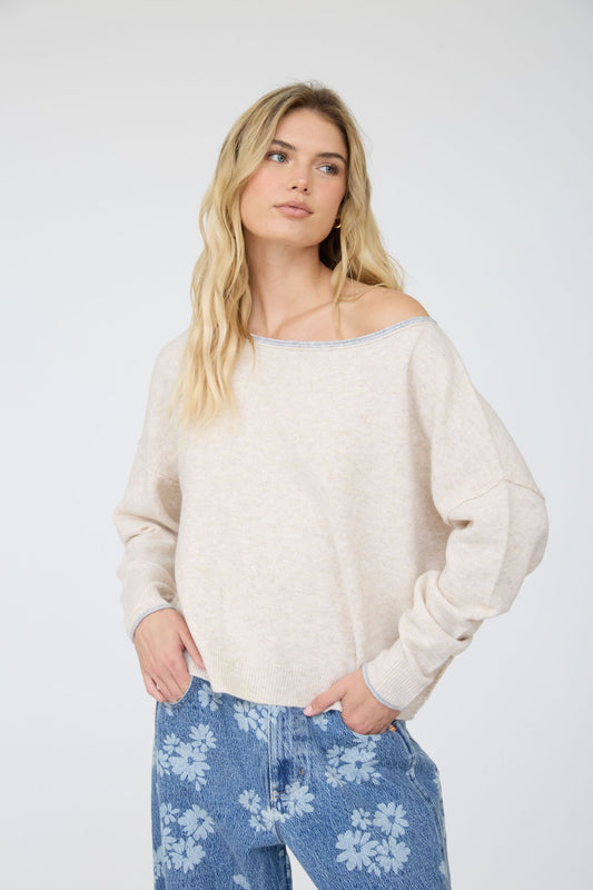 Shannon Contrast Trim Off Shoulder Long Sleeve Sweater