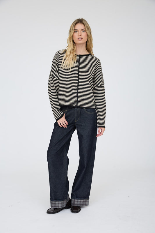 Fully Stripe Raw Edge Button Down Long Sleeve Cardigan
