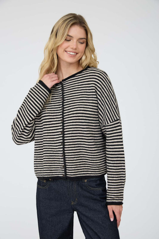 Fully Stripe Raw Edge Button Down Long Sleeve Cardigan