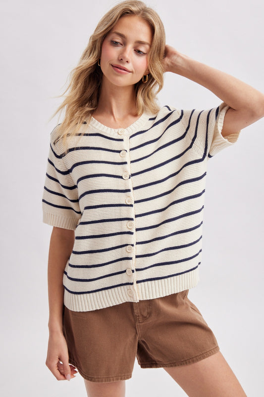 Carpenter Stripe Short Sleeve Sweater Cardigan