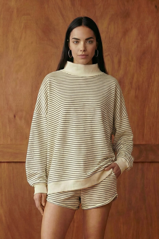 Civil Stripe Print Mock Neck Oversized Sweatshirt