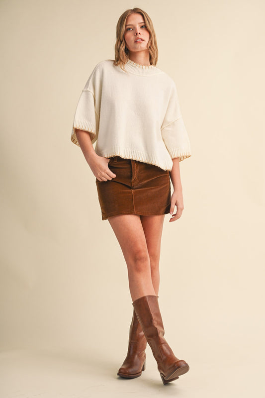 Rio Contrast Blanket Stitch Mock Neck Short Sleeve Sweater
