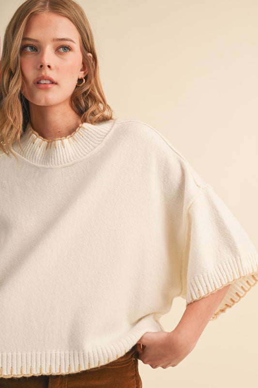 Rio Contrast Blanket Stitch Mock Neck Short Sleeve Sweater