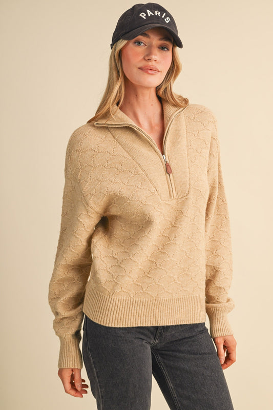 Shell Stitch Mock Neck Half Zip Pullover Sweater