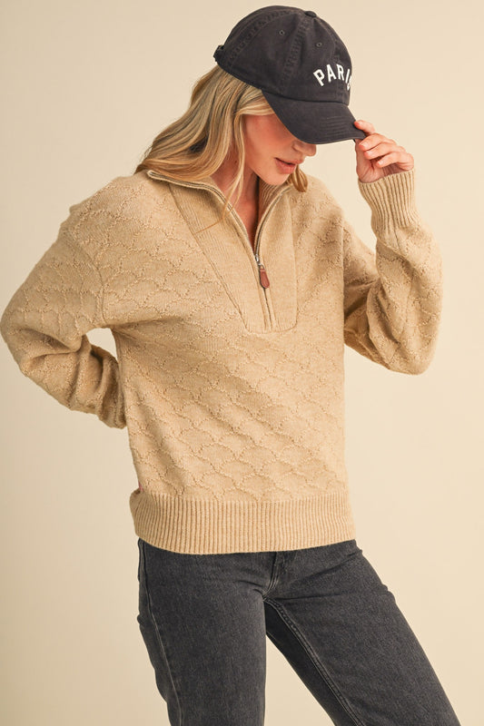 Shell Stitch Mock Neck Half Zip Pullover Sweater