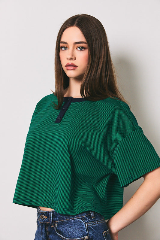 Henley Cropped Stripe Short Sleeve Top