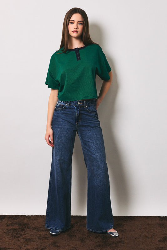 Henley Cropped Stripe Short Sleeve Top