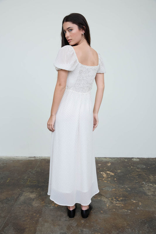 Virtue Polka Dot Sweetheart Puff Sleeve Mesh Midi Dress