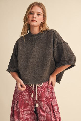 Truffle Marled Knit Mock Neck Short Sleeve Sweater