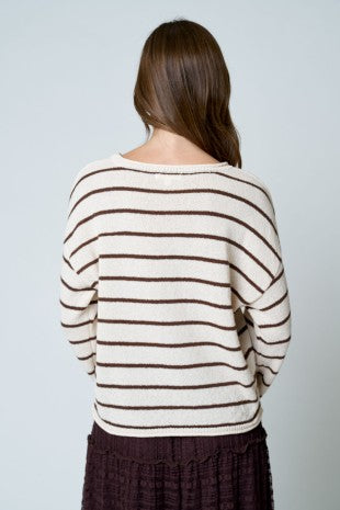 Relaxed Stripe Textured Raw Edge Long Sleeve Knit Sweater
