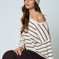 Relaxed Stripe Textured Raw Edge Long Sleeve Knit Sweater