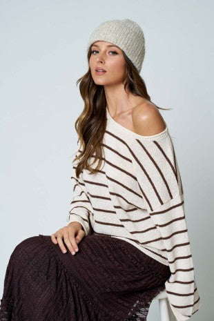 Relaxed Stripe Textured Raw Edge Long Sleeve Knit Sweater