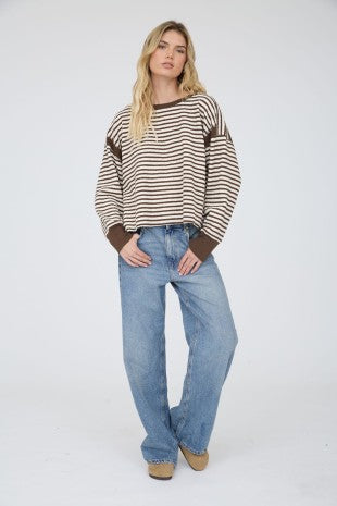 Another Stripe Contrast Trim Back Cut-out Detail Knit Top