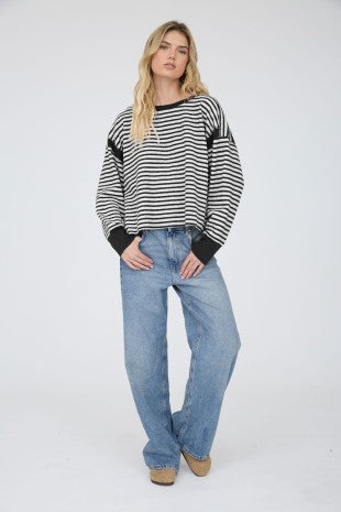 Another Stripe Contrast Trim Back Cut-out Detail Knit Top