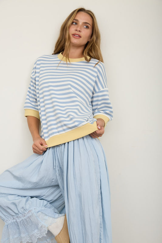 Silence Colorblock Trim Stripe Short Drop Sleeve Knit Top