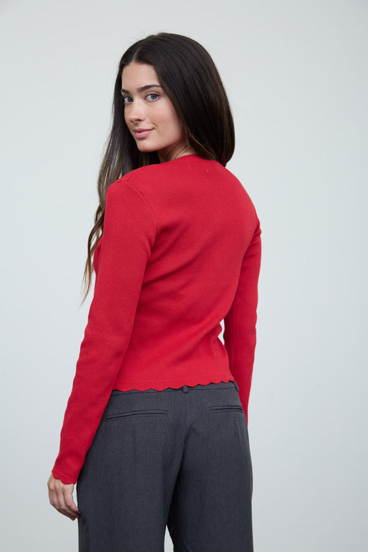 Drift Scalloped Button Detail Long Sleeve Knit Cardigan
