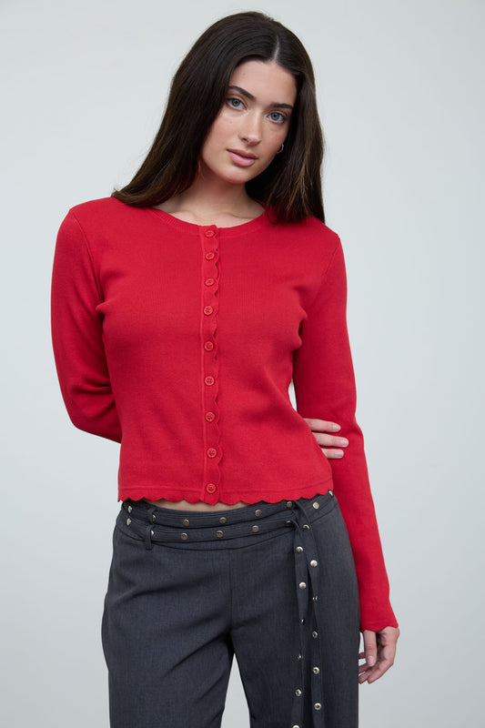 Drift Scalloped Button Detail Long Sleeve Knit Cardigan