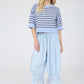 Cash Stripe Raw Edge Drop Shoulder Short Sleeve Sweater