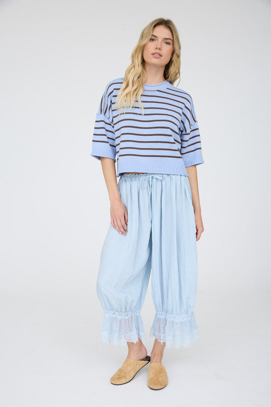 Cash Stripe Raw Edge Drop Shoulder Short Sleeve Sweater
