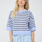 Cash Stripe Raw Edge Drop Shoulder Short Sleeve Sweater