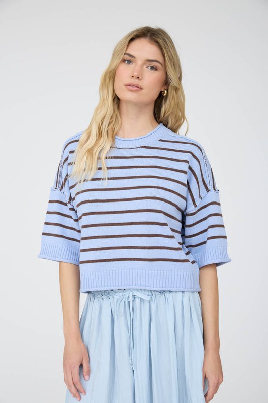 Cash Stripe Raw Edge Drop Shoulder Short Sleeve Sweater