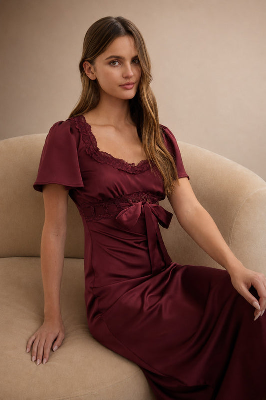 Glamor Lace Trim Puff Bell Sleeve Bow Tie Midi Dress