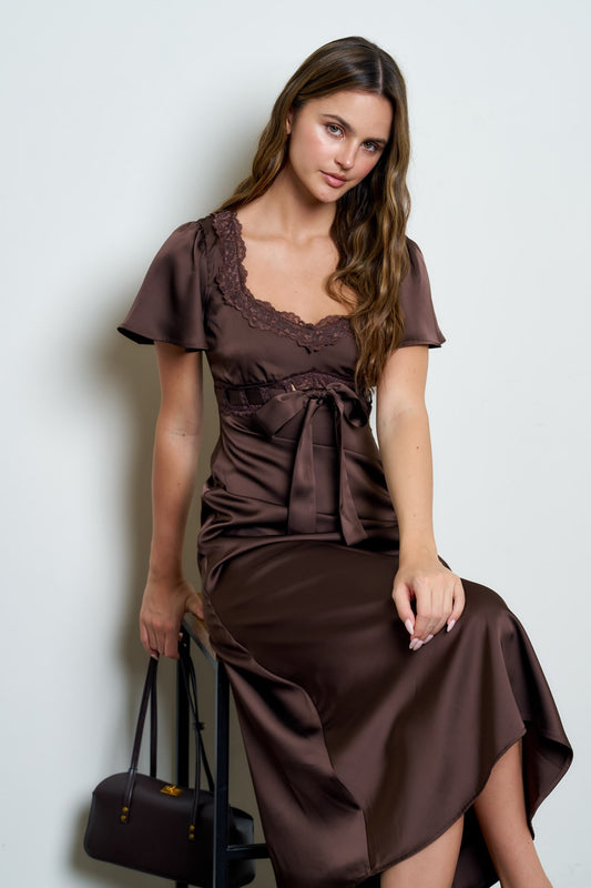 Glamor Lace Trim Puff Bell Sleeve Bow Tie Midi Dress