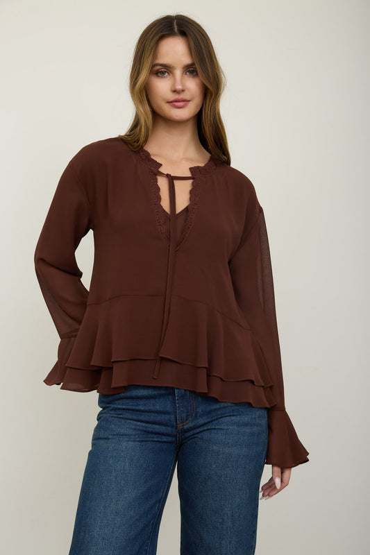 Sidekick Tiered Ruffle Tie-neck Long Sleeve Top