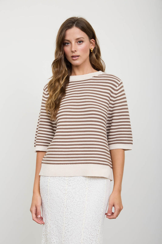 Fellow Textured Stripe Crew Neck Half Sleeve Sweater