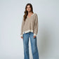 Pepper Stripe Split Neck Long Sleeve Seam Detail Knit Top