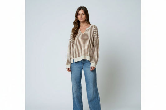 Pepper Stripe Split Neck Long Sleeve Seam Detail Knit Top