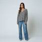 Pepper Stripe Split Neck Long Sleeve Seam Detail Knit Top